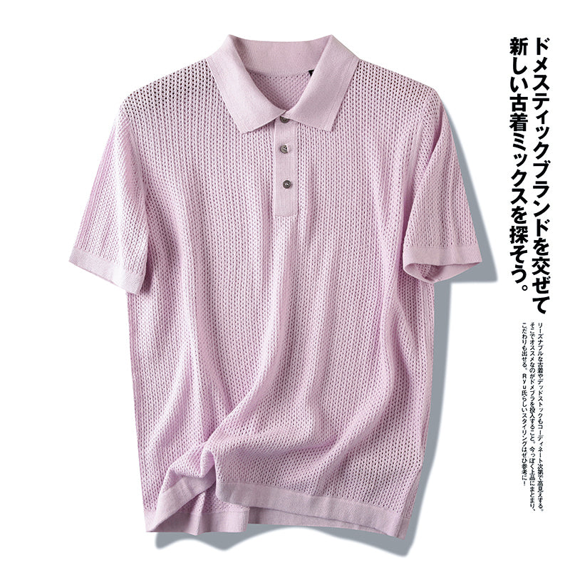 Cashmere + cotton! Italian single men's thin hollowed-out knitted short-sleeved Polo shirt summer