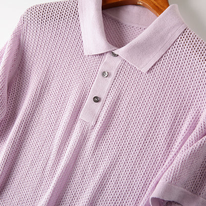 Cashmere + cotton! Italian single men's thin hollowed-out knitted short-sleeved Polo shirt summer