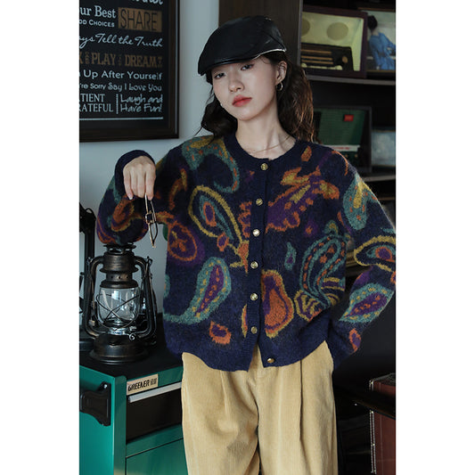 Navy blue fur thick retro knitted jacquard sweater cardigan long sleeve coat women autumn and winter new round neck top