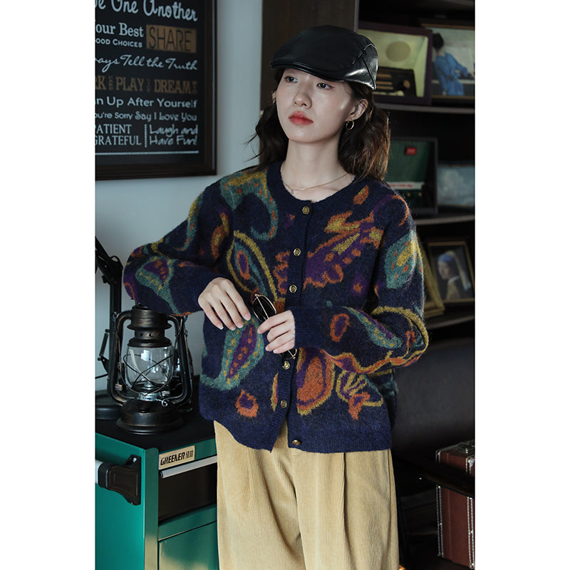 Navy blue fur thick retro knitted jacquard sweater cardigan long sleeve coat women autumn and winter new round neck top