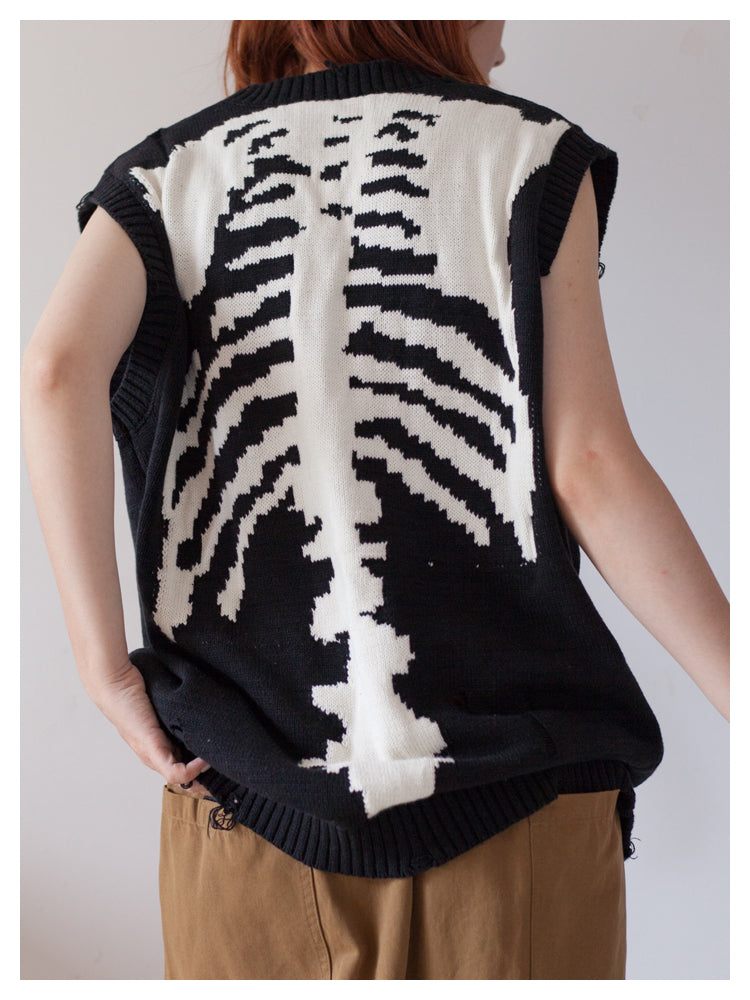 Japanese fall black knitted vintage skull mens women's pullover sweater vest