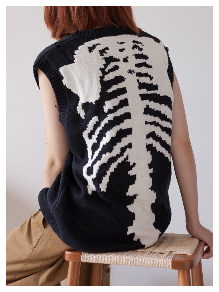 Japanese fall black knitted vintage skull mens women's pullover sweater vest