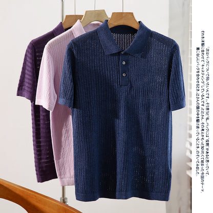 Cashmere + cotton! Italian single men's thin hollowed-out knitted short-sleeved Polo shirt summer