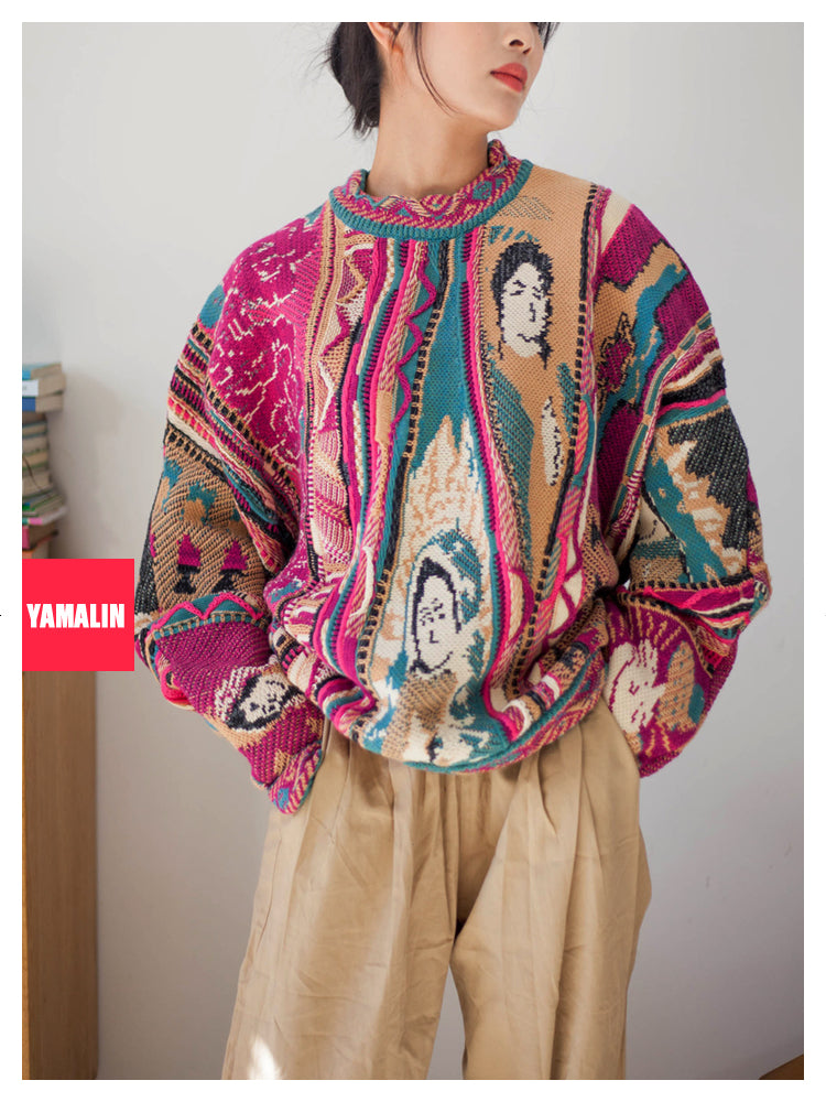 Kapital vintage Japanese antique heavy duty pullover knitted rose red portrait pattern sweater