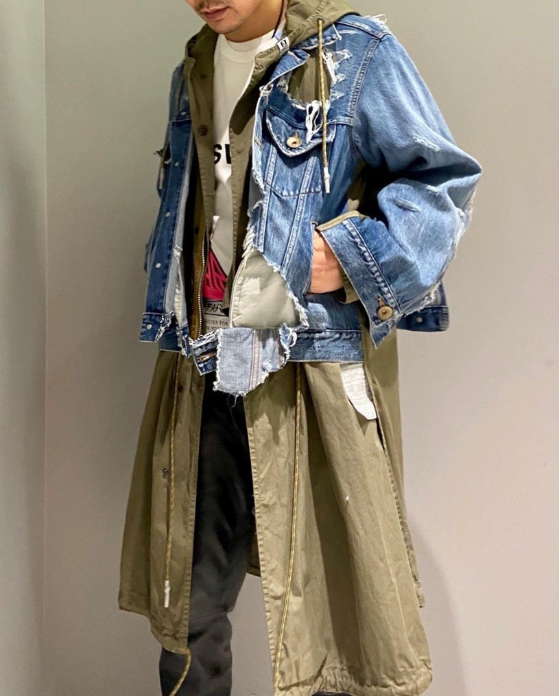 MIHARA YASUHIRO Mihara Yasuhiro Spring and Autumn Destroyed Denim Stitching Army Green Windbreaker Jacket