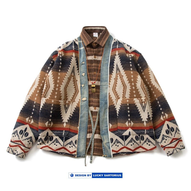 Japanese retro denim stitching woolen national wind robe jacket jacket male