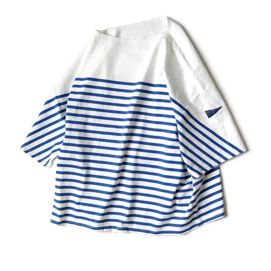 Blue and white striped loose three-flag five-point sleeve round neck short-sleeved T-shirt