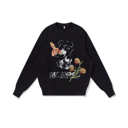 Japanese style pullover distressed embroidered floral print loose round neck long sleeve sweatshirt