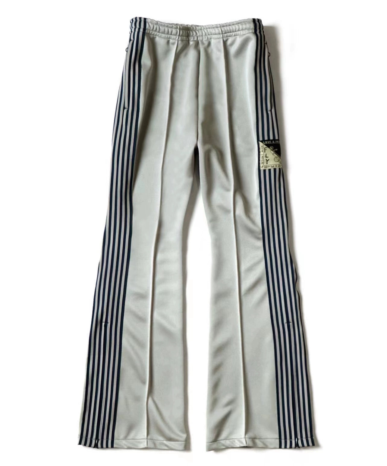 Japanese three-color polyester side zipper vertical stripe elastic casual trousers