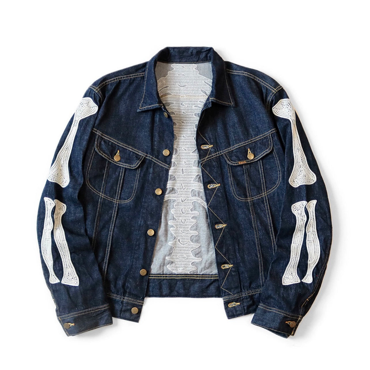 24SS Japanese denim denim lapel bone-embroidered loose jacket