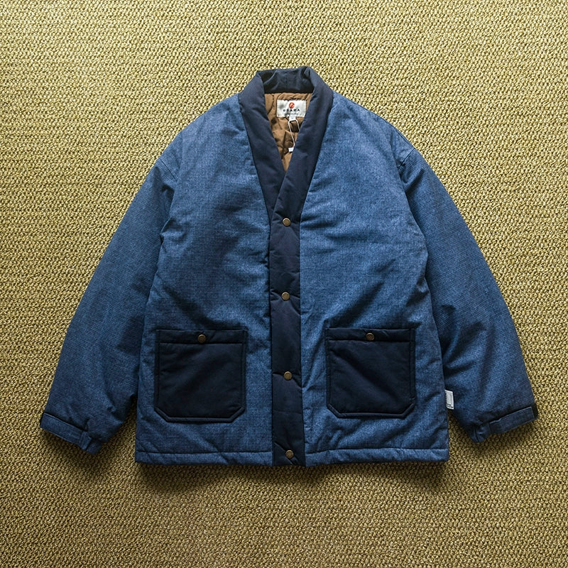 Handsome Japanese vintage blue-dyed robe single-breasted cargo jacket washed distressed blue-dyed contrasting collarless cotton jacket