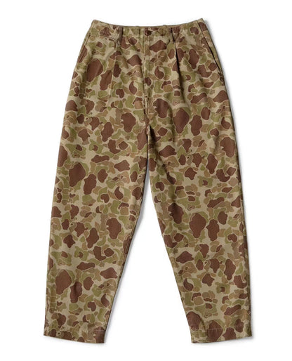 Japanese style cotton herringbone camouflage smiley face print tapered casual trousers