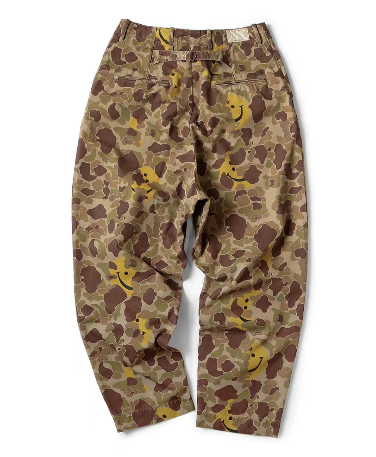 Japanese style cotton herringbone camouflage smiley face print tapered casual trousers