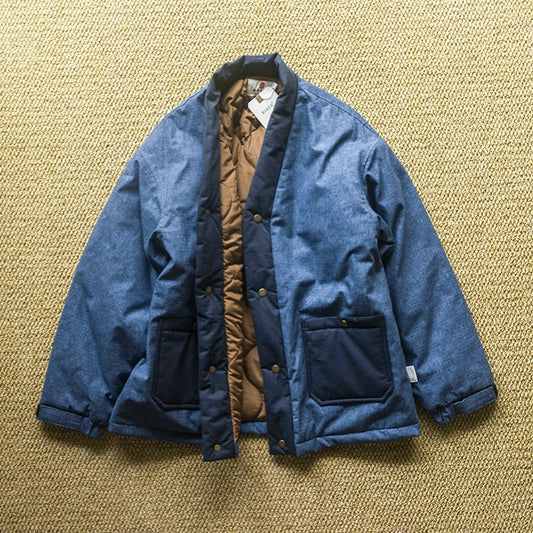 Handsome Japanese vintage blue-dyed robe single-breasted cargo jacket washed distressed blue-dyed contrasting collarless cotton jacket