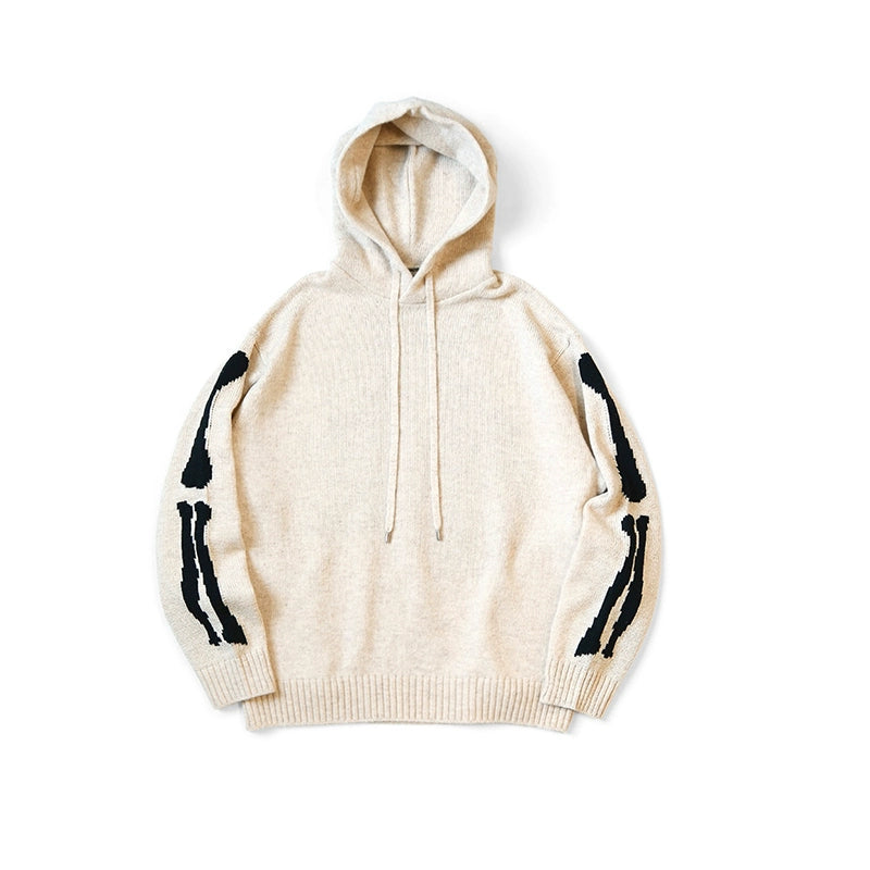 Japanese casual two-tone bone-embroidered wool hooded knit