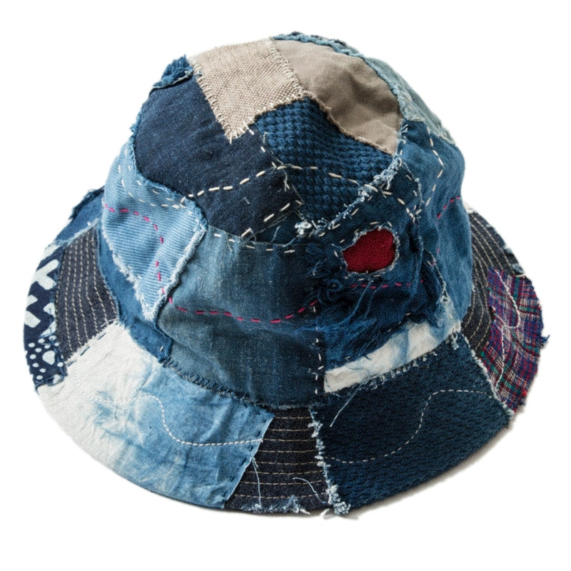 Original handmade homemade old blue dyed thorn cloth stitching ragged fisherman hat men and women Japanese vintage wind hat