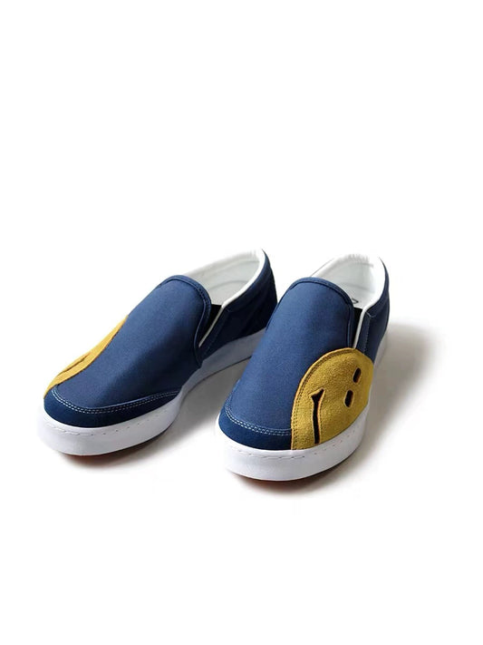 leather smiley patch stitching canvas flat one-legged loafers