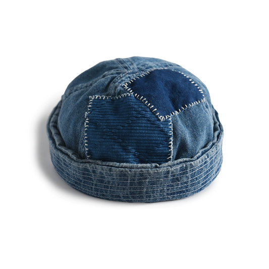 Original design blue dyed ancient cloth stitching denim melon skin hat Japanese retro washed all-match handmade landlord hat for men and women