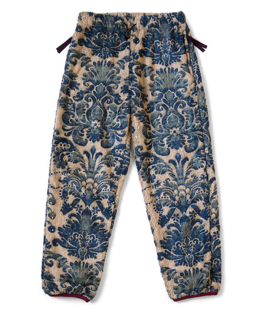 23AW Japanese ethnic style flowers blue dyed warm rocker fleece elastic trousers