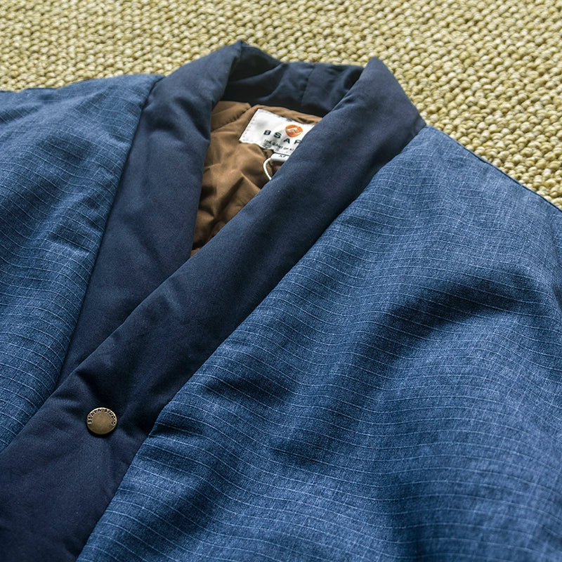 Handsome Japanese vintage blue-dyed robe single-breasted cargo jacket washed distressed blue-dyed contrasting collarless cotton jacket