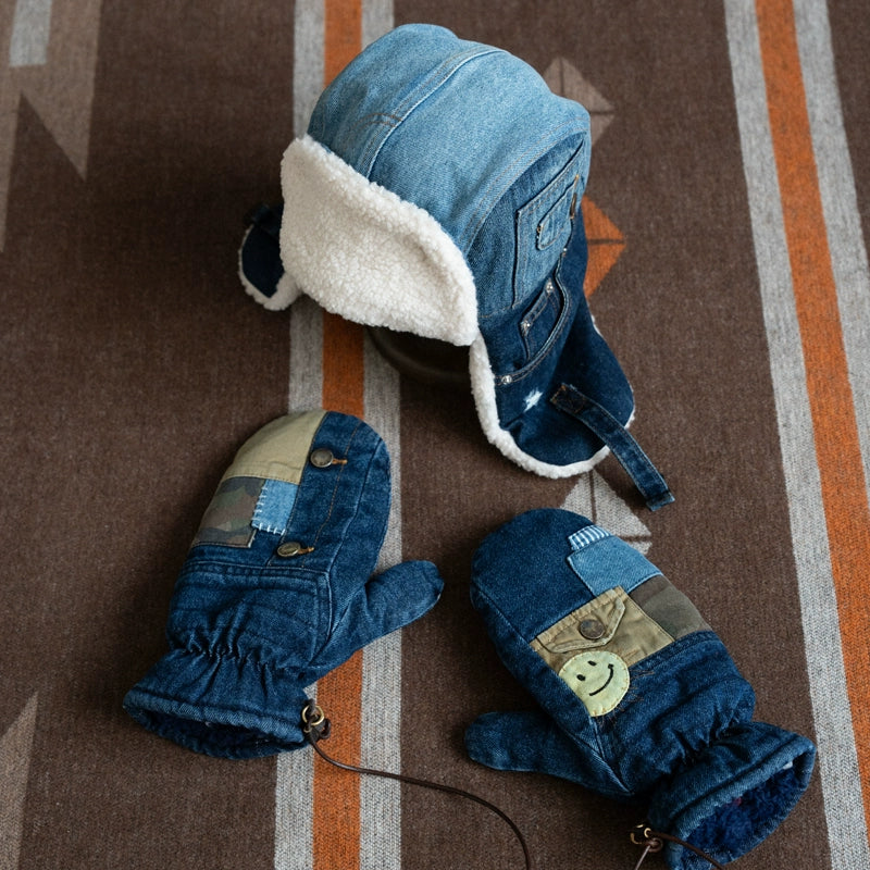 Deconstructed patchwork design denim washed smiley face embroidery lambskin lining warm gloves for men and women