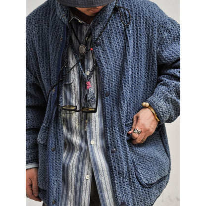 Japanese spring and autumn washed old denim jacket retro style stand collar pocket coat