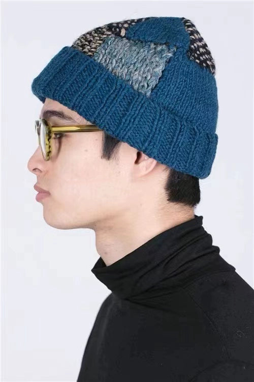 Japanese casual handmade knitted wool blend retro stitching warm woolen hat