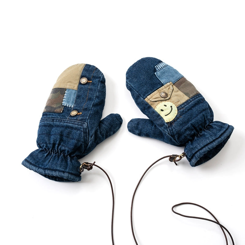 Deconstructed patchwork design denim washed smiley face embroidery lambskin lining warm gloves for men and women