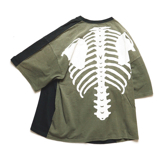 Japanese trend cotton loose stitching bone print short-sleeved T-shirt