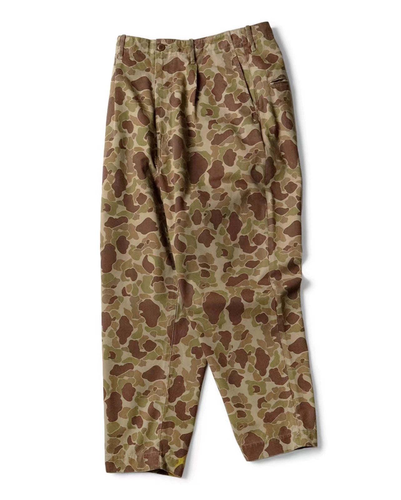 Japanese style cotton herringbone camouflage smiley face print tapered casual trousers