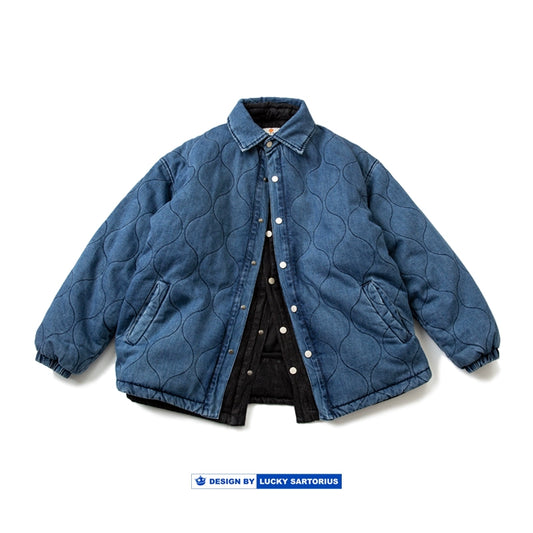 Japanese cityboy loose drop-shoulder sleeves washed denim cotton-padded jacket men's coach cotton-padded jacket youth jacket