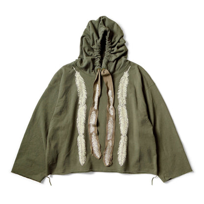 Japanese style casual feather print embroidery loose pullover hooded sweatshirt