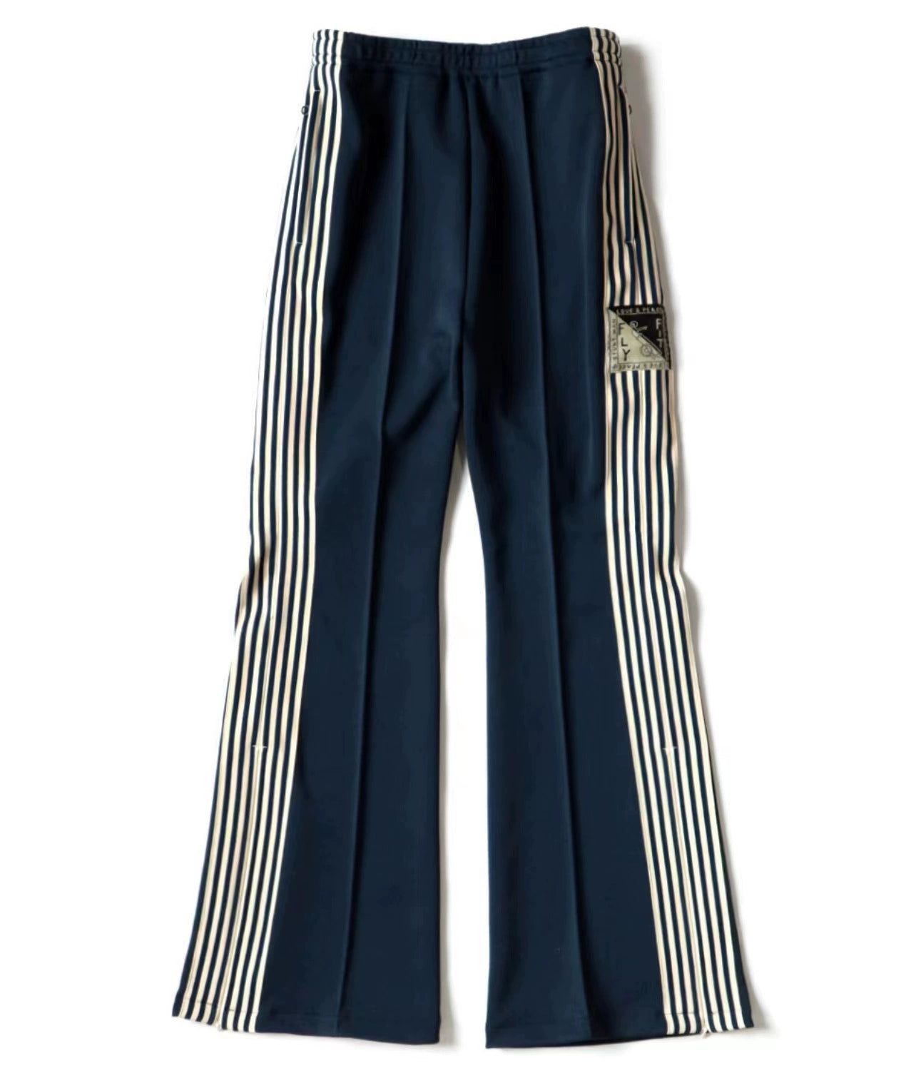 Japanese three-color polyester side zipper vertical stripe elastic casual trousers