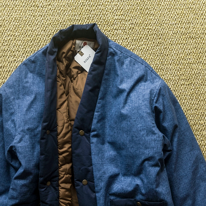 Handsome Japanese vintage blue-dyed robe single-breasted cargo jacket washed distressed blue-dyed contrasting collarless cotton jacket