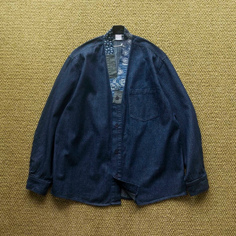 Japanese vintage batik stitching distressed washed loose long-sleeved robe jacket