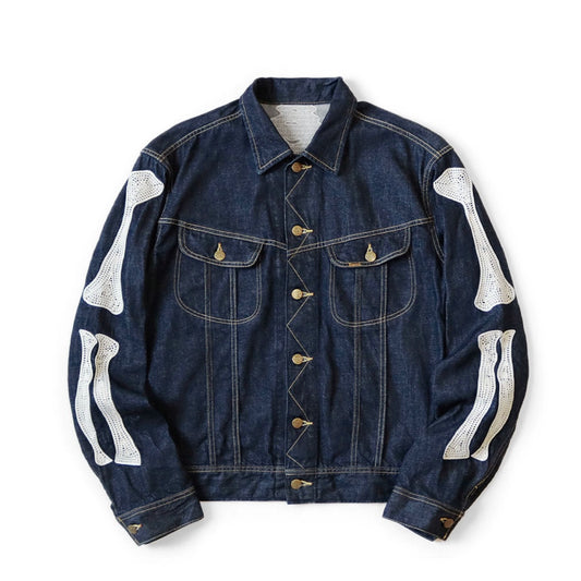 24SS Japanese denim denim lapel bone-embroidered loose jacket