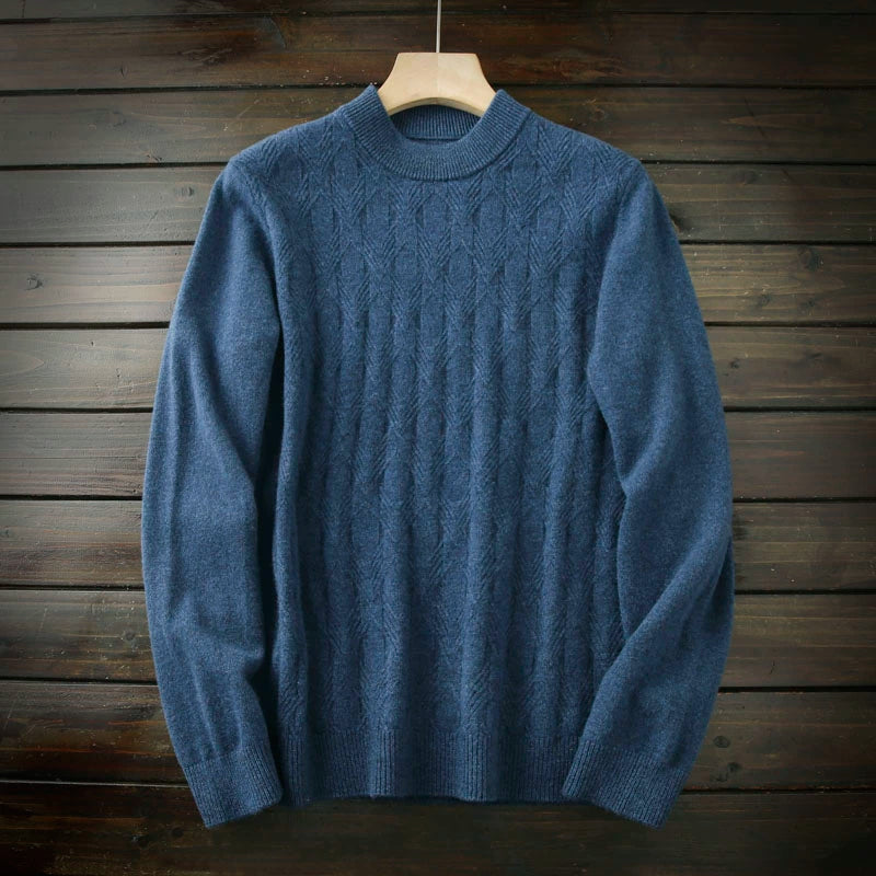 Heavy 420G! 100 Full Wool! Italian order men's crew neck padded jacquard knitwear sweater winter