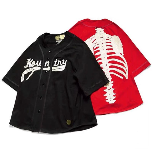 Japanese casual bone embroidery letter loose baseball short-sleeved shirt