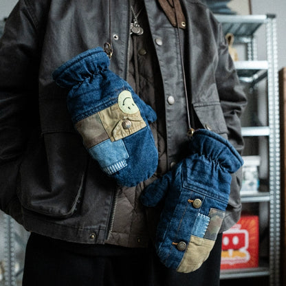 Deconstructed patchwork design denim washed smiley face embroidery lambskin lining warm gloves for men and women