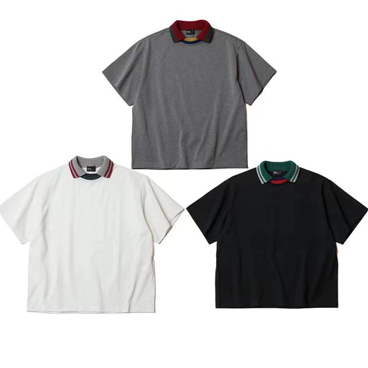 three-color Japanese stitching ribbed neckline cotton loose round neck short-sleeved T-shirt