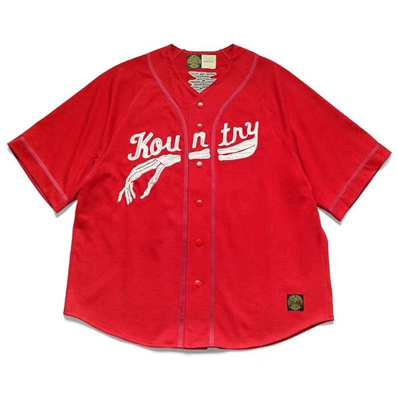 Japanese casual bone embroidery letter loose baseball short-sleeved shirt