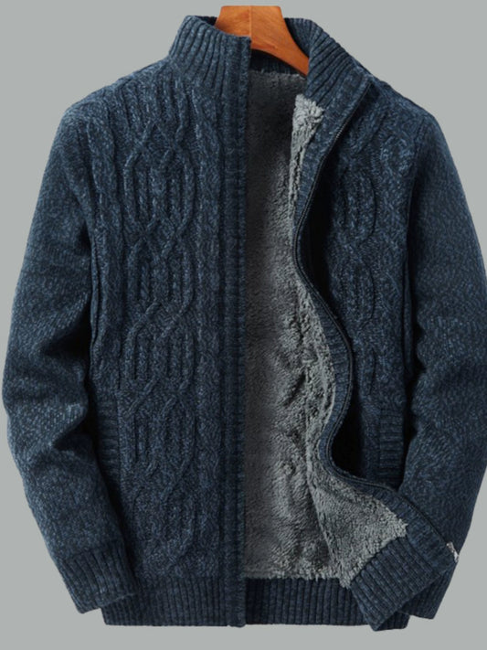 Temperament is stylish! Padded lamb fleece sweater men's winter stand-up collar jacquard knitted cardigan jacket