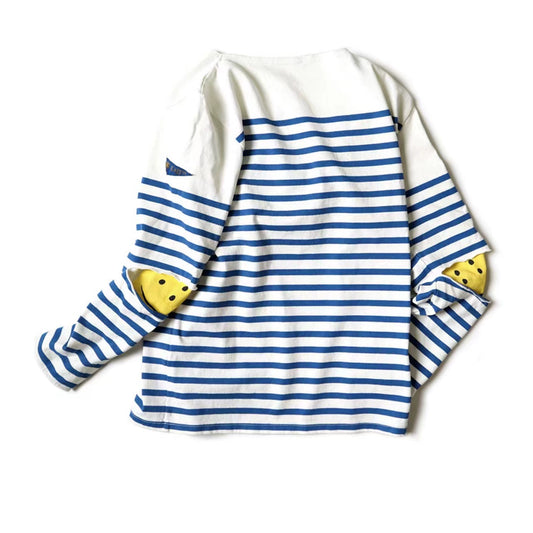 blue and white striped cotton loose three-flag long-sleeved smiley stitching bottoming shirt