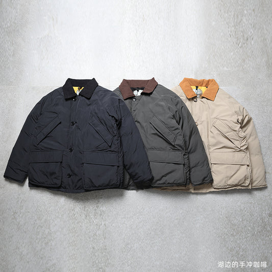 Japanese casual retro hunting suit corduroy collar and fleece inner down jacket thick to carry the cold